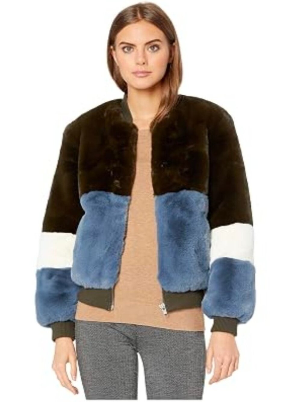 APPARIS Colorblock Faux Fur Bomber Jacket Blue Olive White Plush Coat Size L